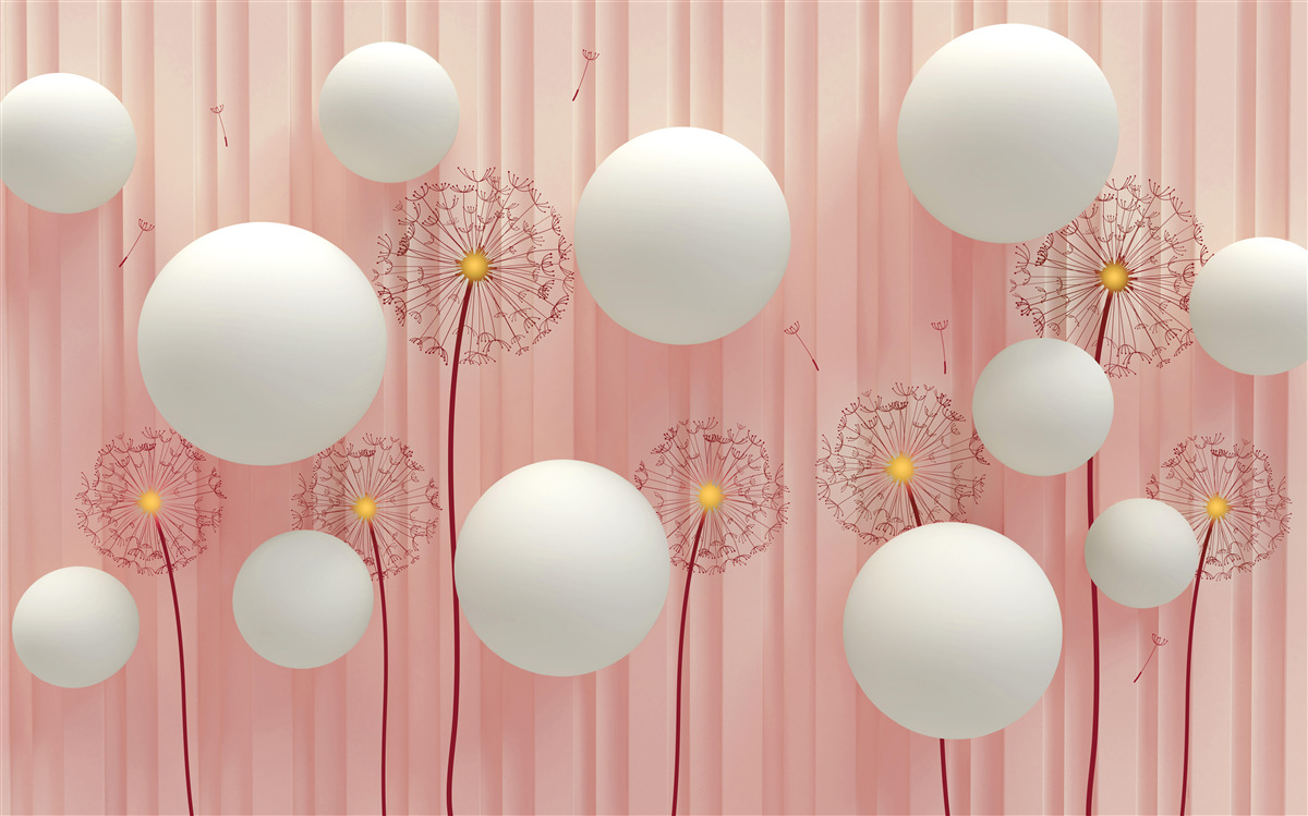 Fotobehang elegante paardenbloemen en sneeuwwitte ballen op een roze achtergrond