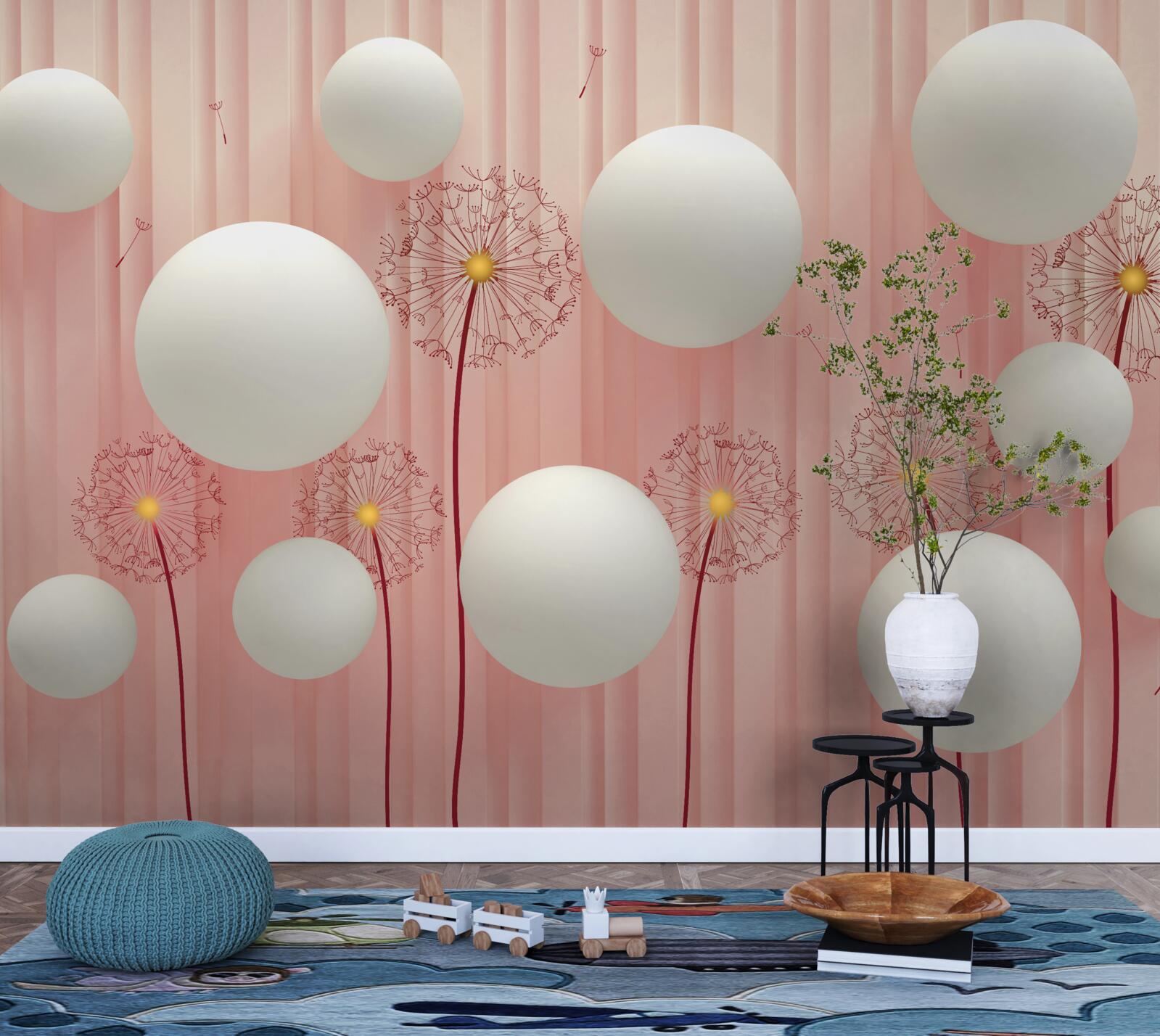 Fotobehang elegante paardenbloemen en sneeuwwitte ballen op een roze achtergrond