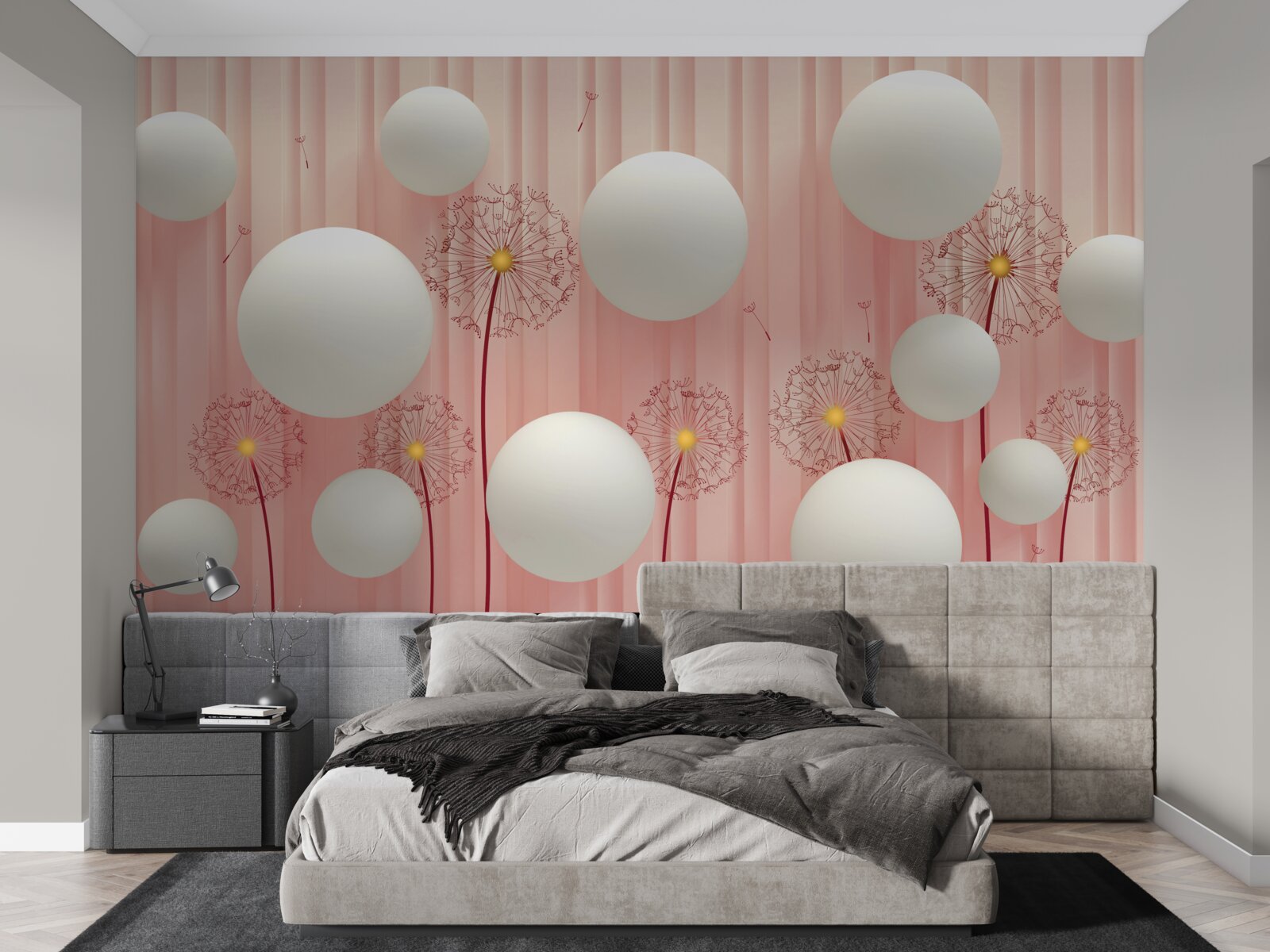 Fotobehang elegante paardenbloemen en sneeuwwitte ballen op een roze achtergrond