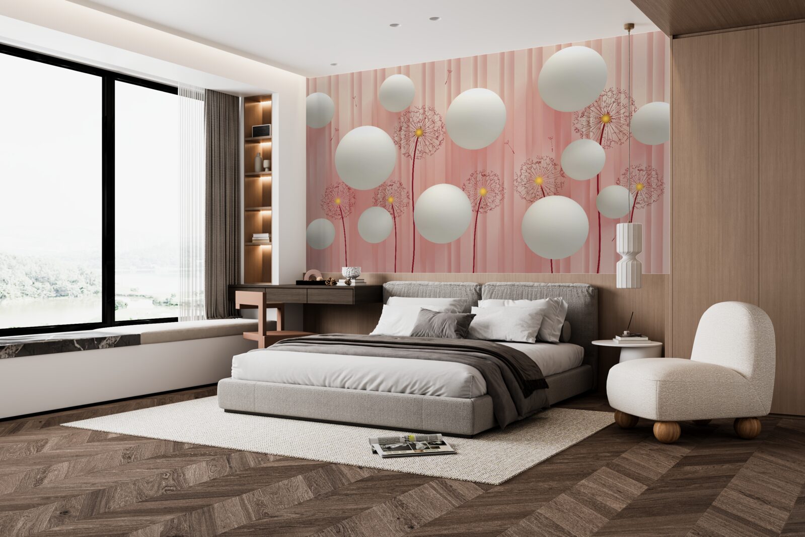 Fotobehang elegante paardenbloemen en sneeuwwitte ballen op een roze achtergrond