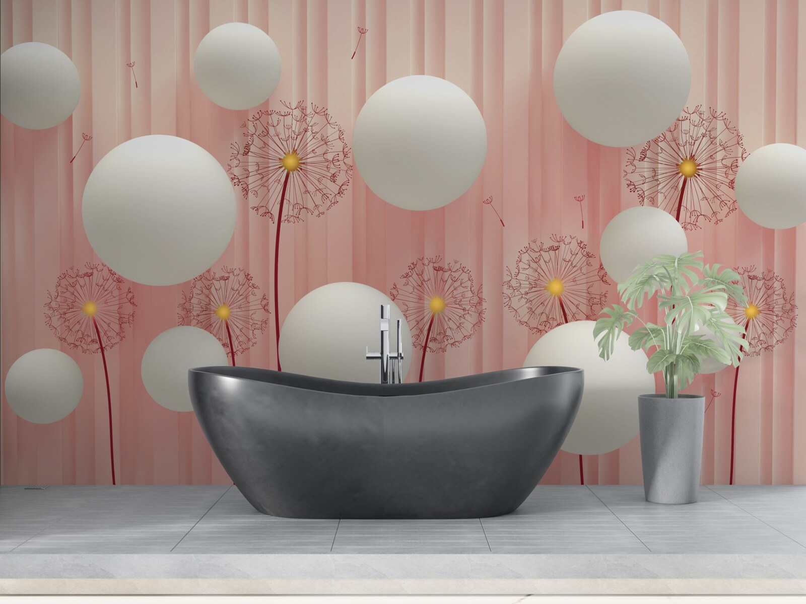 Fotobehang elegante paardenbloemen en sneeuwwitte ballen op een roze achtergrond