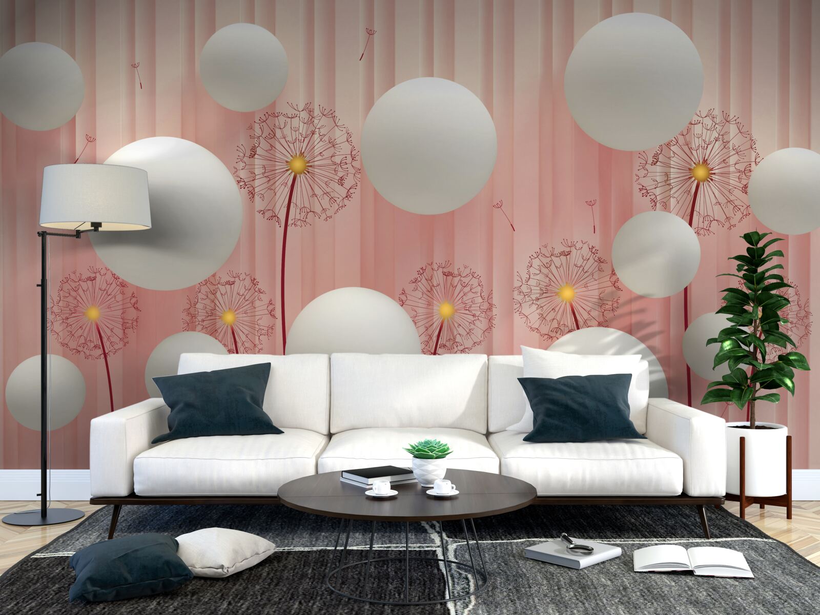 Fotobehang elegante paardenbloemen en sneeuwwitte ballen op een roze achtergrond