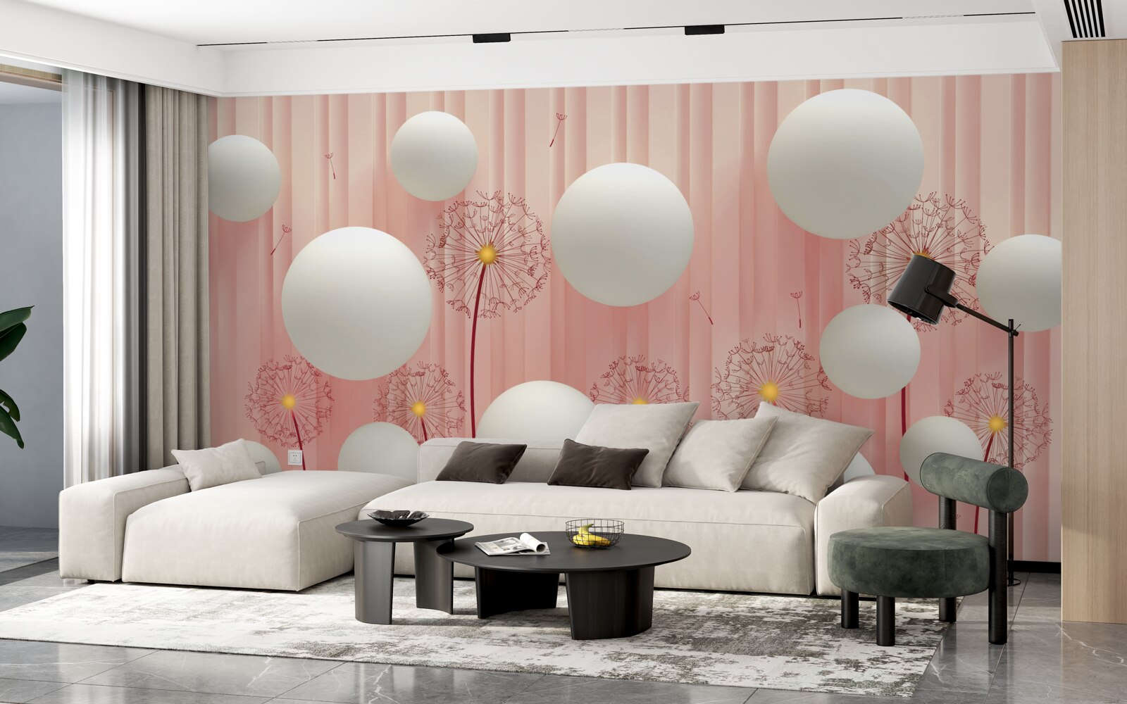 Fotobehang elegante paardenbloemen en sneeuwwitte ballen op een roze achtergrond