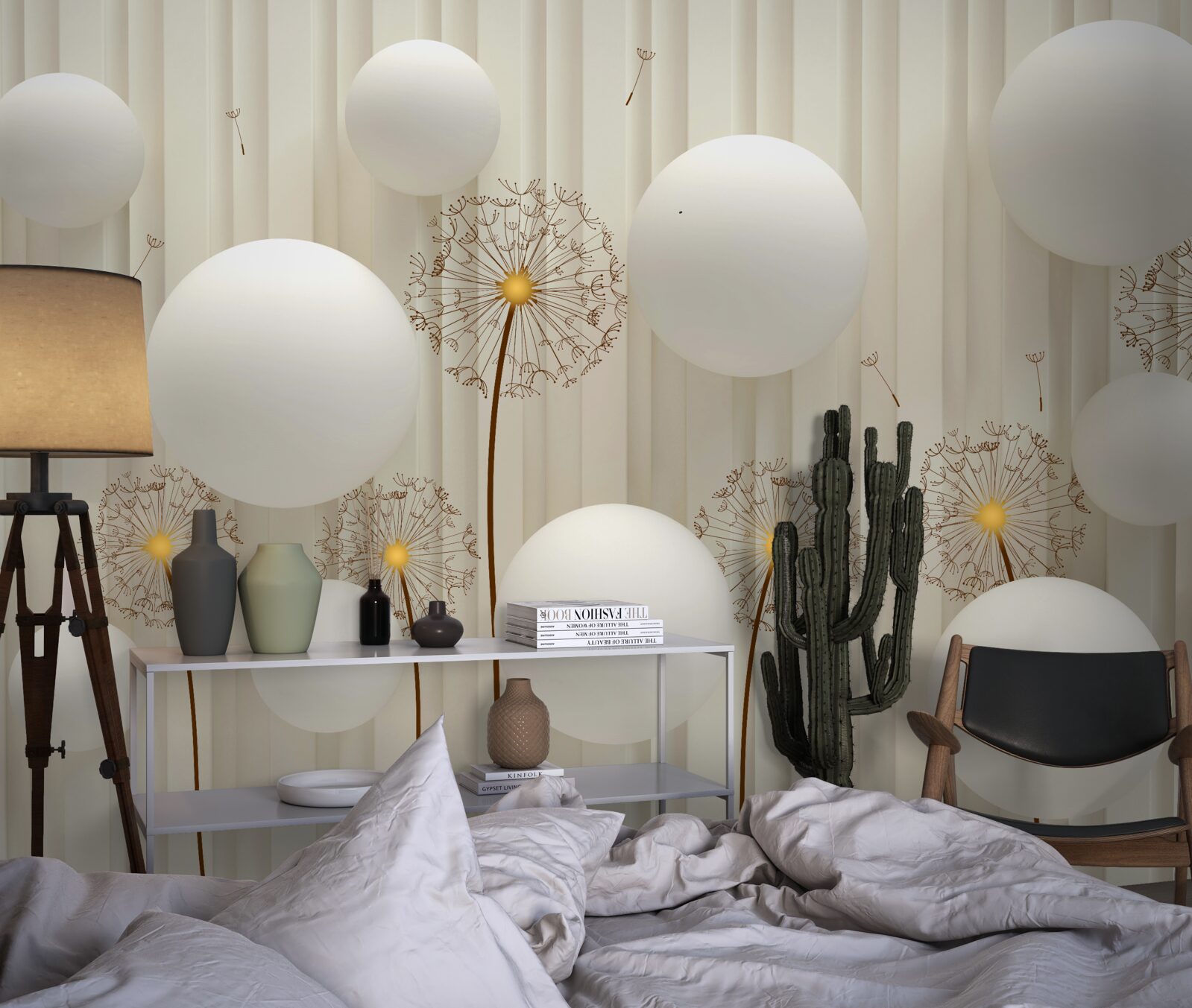 Fotobehang compositie met witte kuit, versierd met ballen