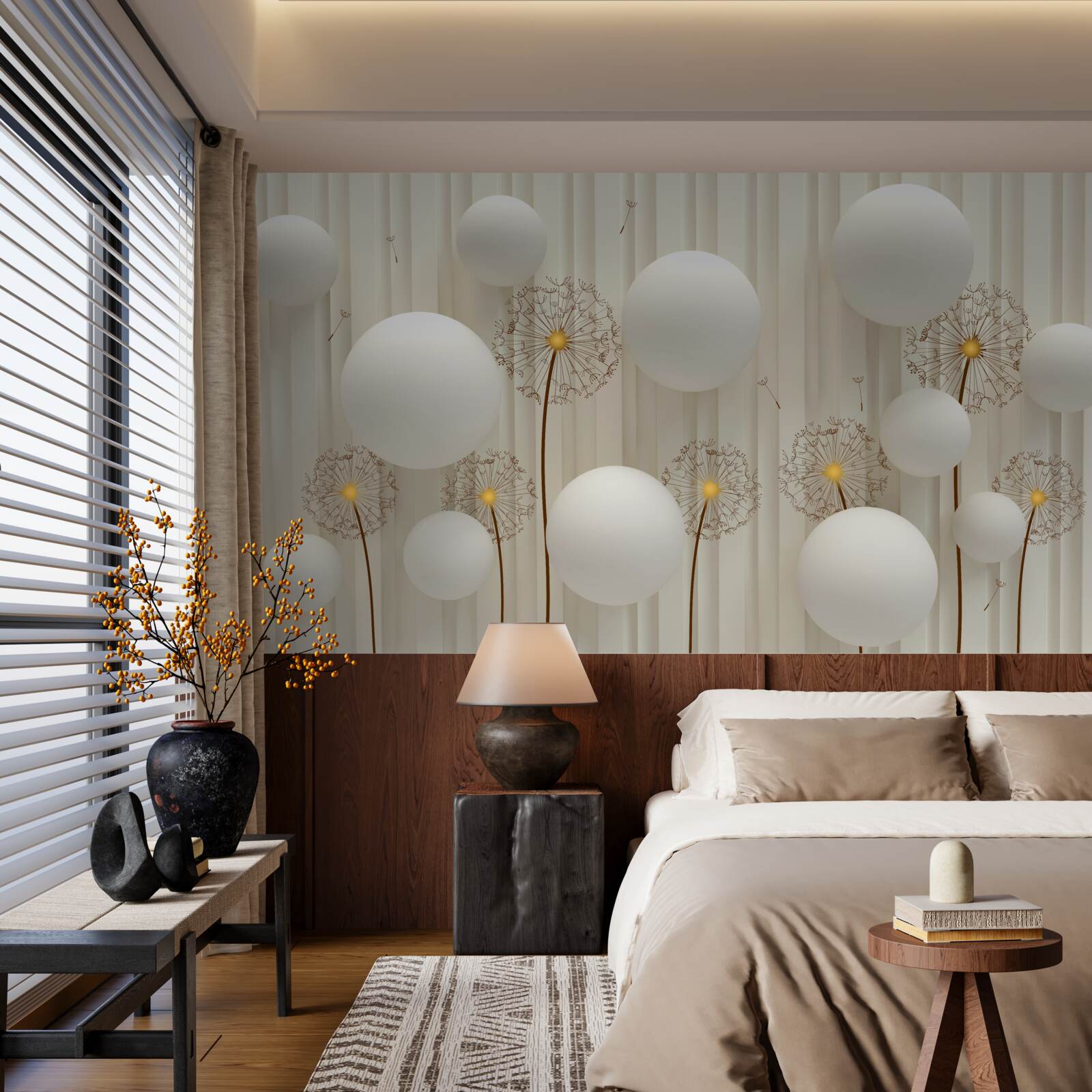 Fotobehang compositie met witte kuit, versierd met ballen