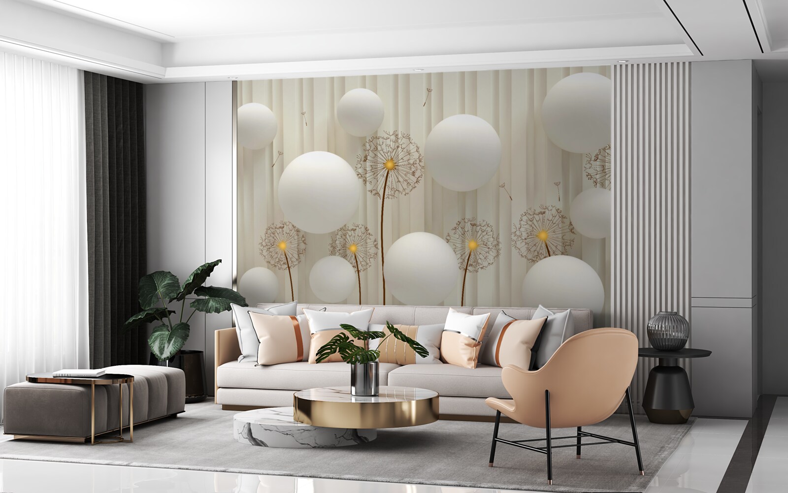 Fotobehang compositie met witte kuit, versierd met ballen