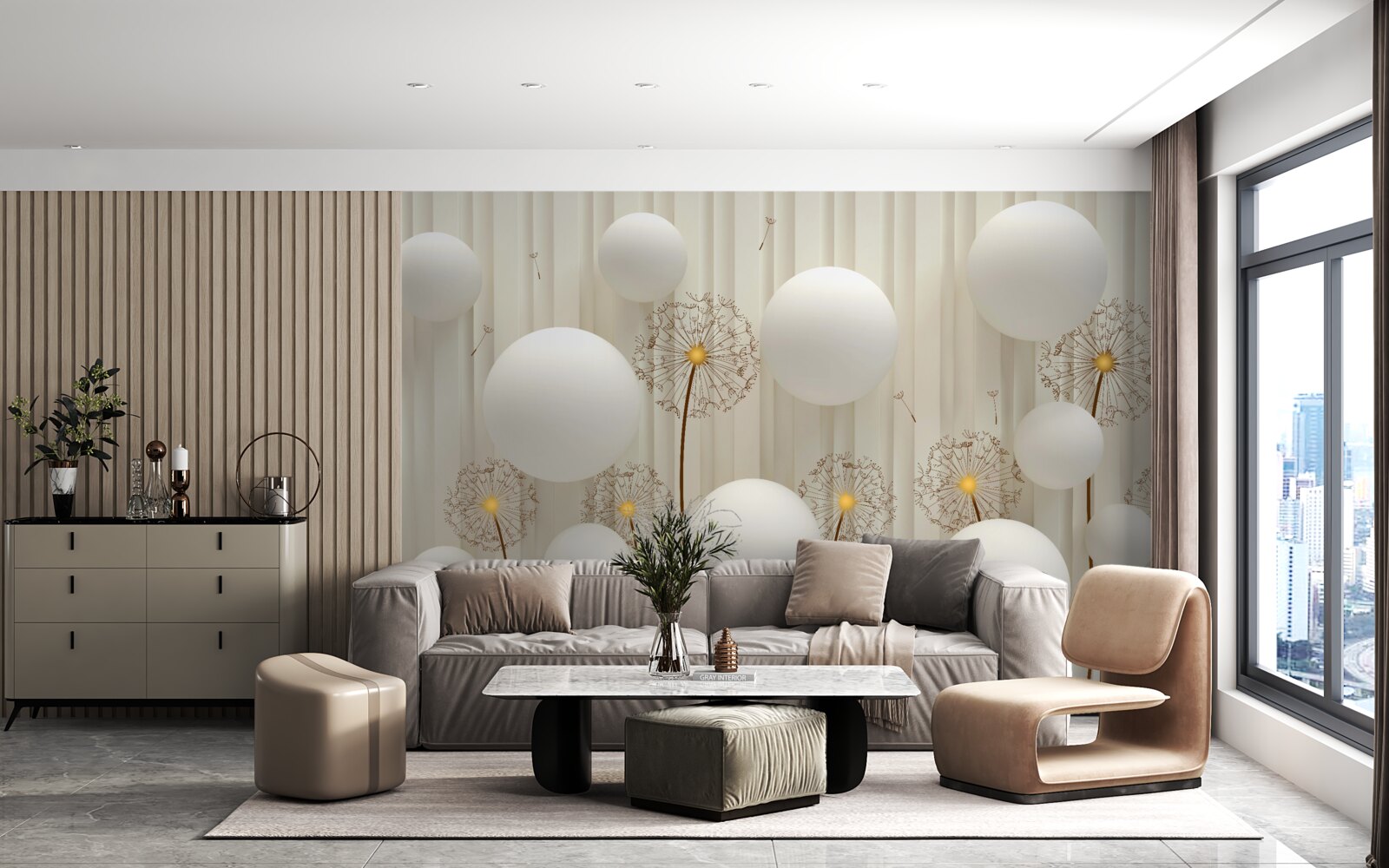 Fotobehang compositie met witte kuit, versierd met ballen