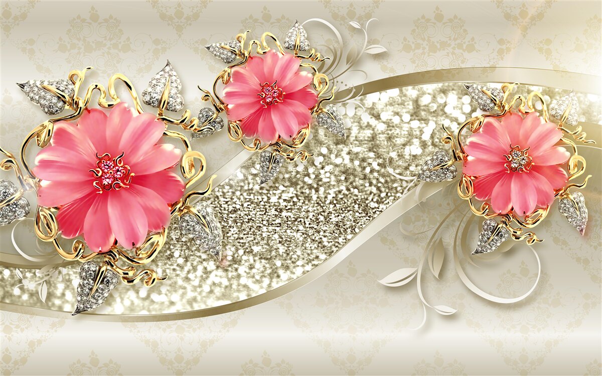 Fotobehang rood getinte gerberaknoppen aan gouden takken