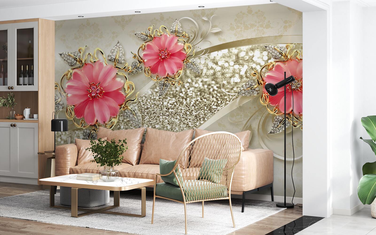 Fotobehang rood getinte gerberaknoppen aan gouden takken