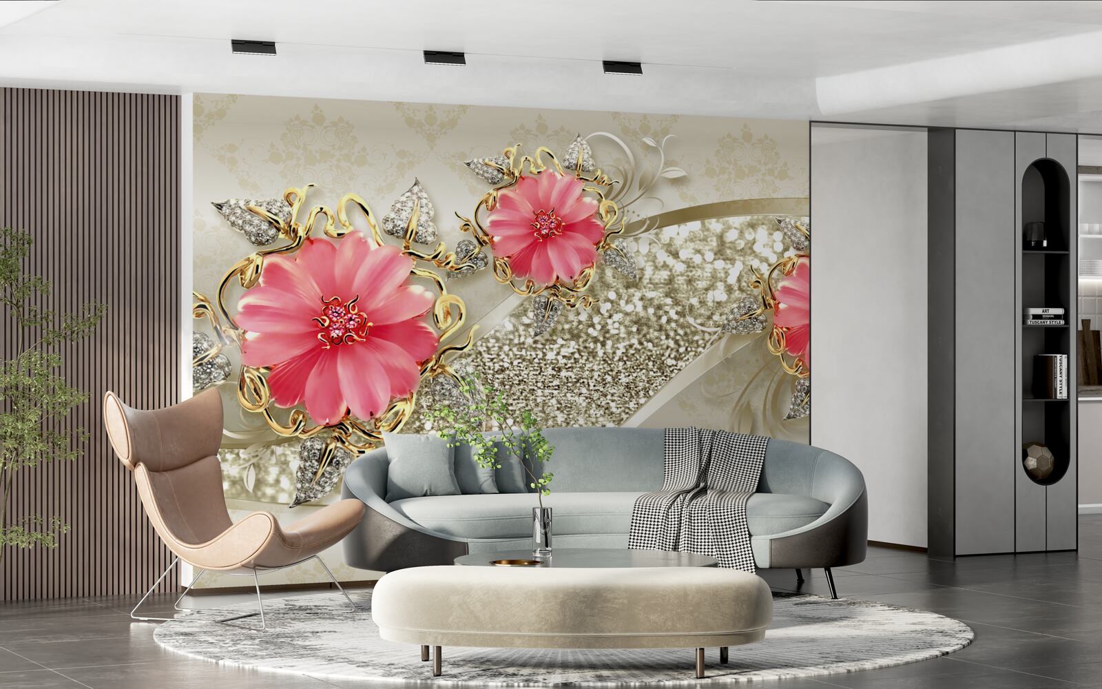 Fotobehang rood getinte gerberaknoppen aan gouden takken