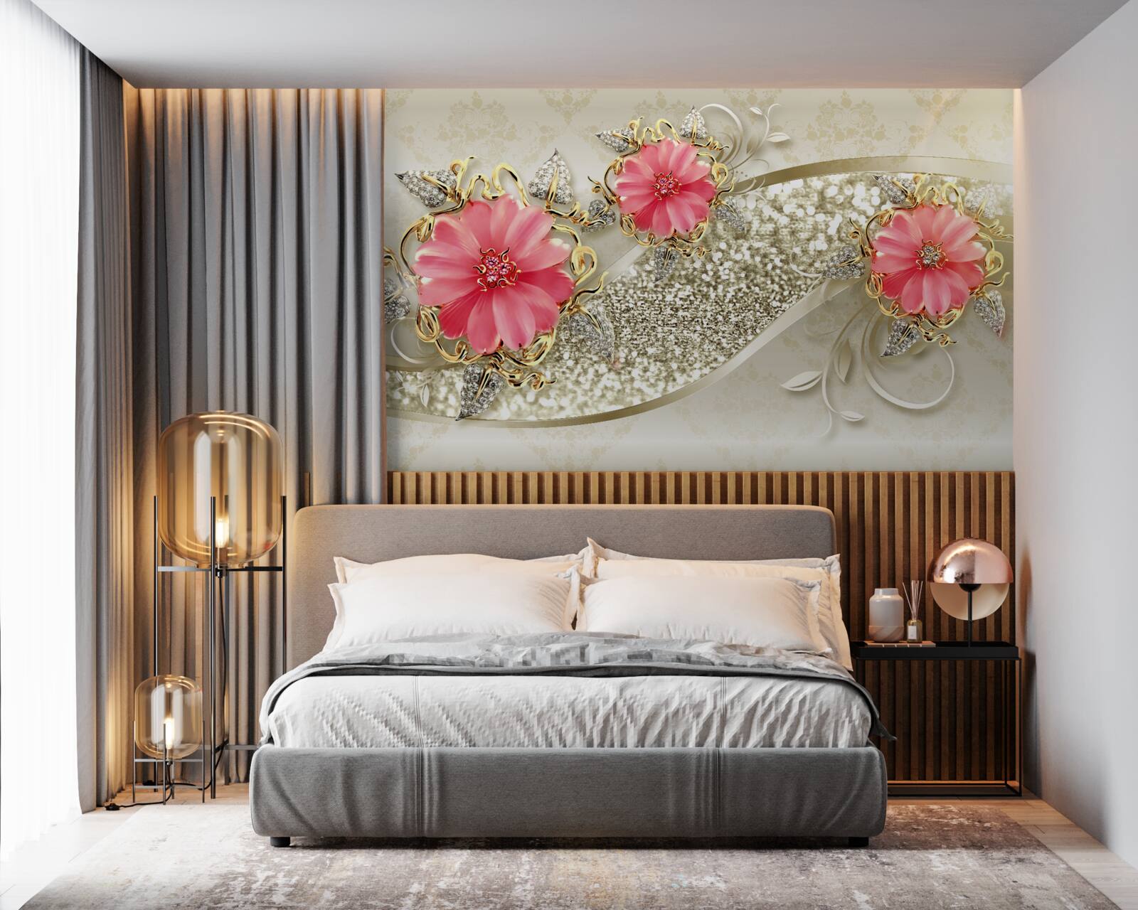 Fotobehang rood getinte gerberaknoppen aan gouden takken