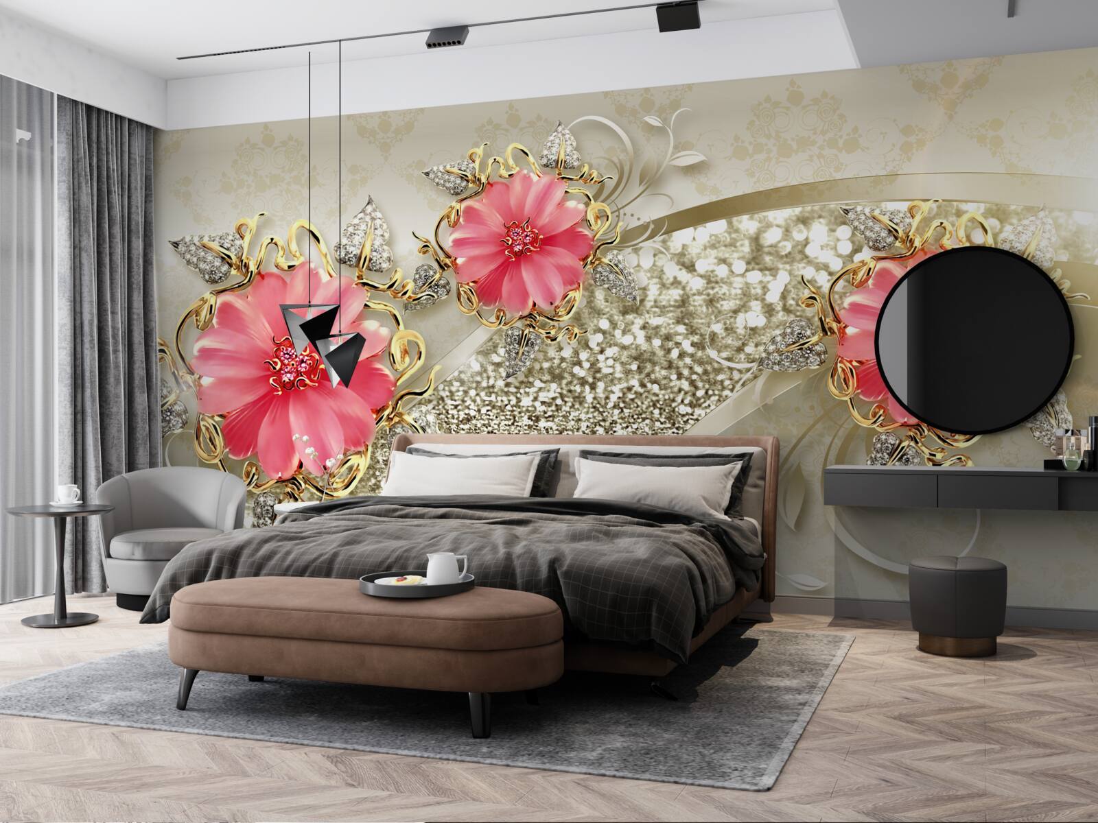 Fotobehang rood getinte gerberaknoppen aan gouden takken