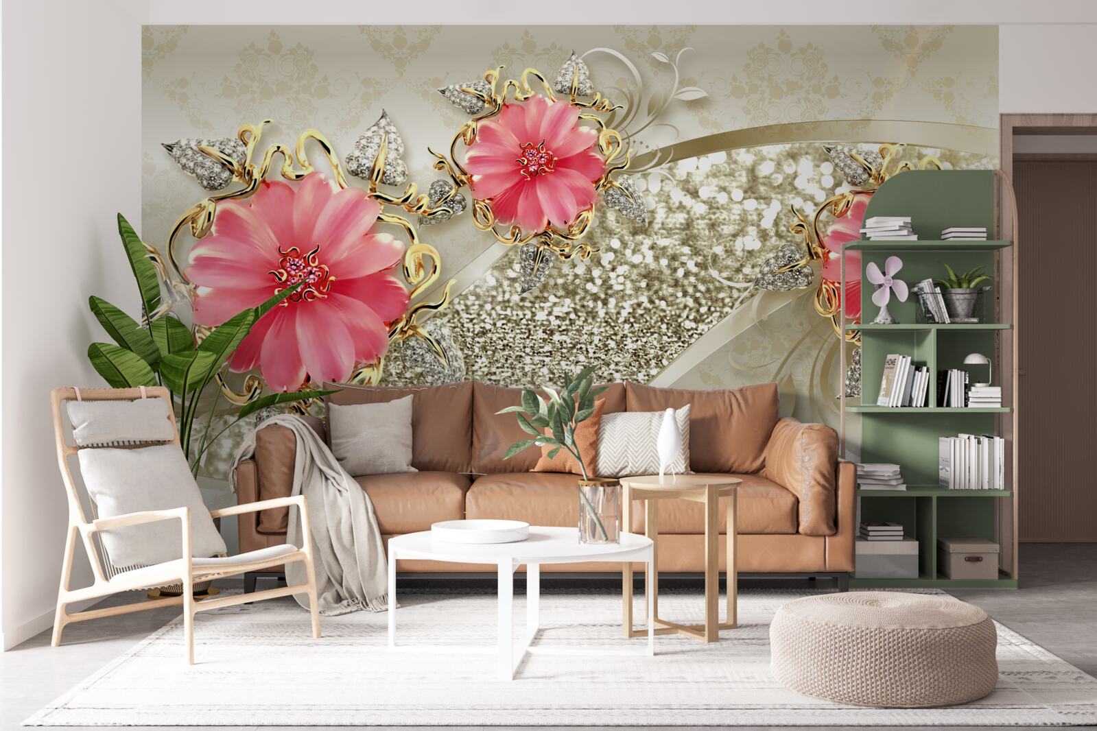 Fotobehang rood getinte gerberaknoppen aan gouden takken