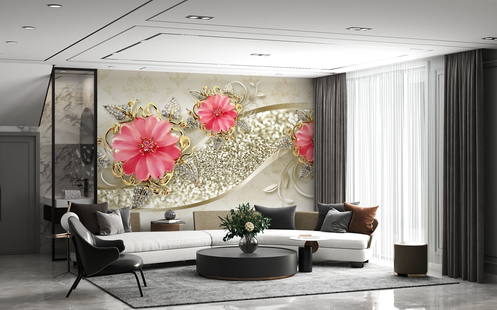 Fotobehang rood getinte gerberaknoppen aan gouden takken