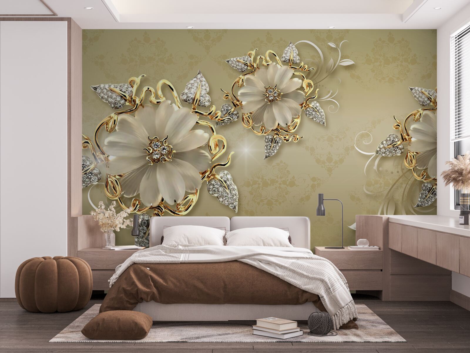 Fotobehang de bloemen zijn sneeuwwit en de twijgen fonkelen van goud en zilver