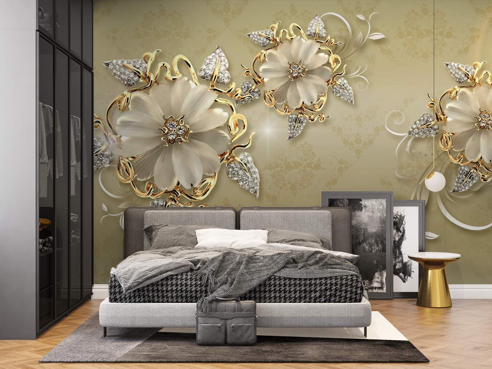 Fotobehang de bloemen zijn sneeuwwit en de twijgen fonkelen van goud en zilver