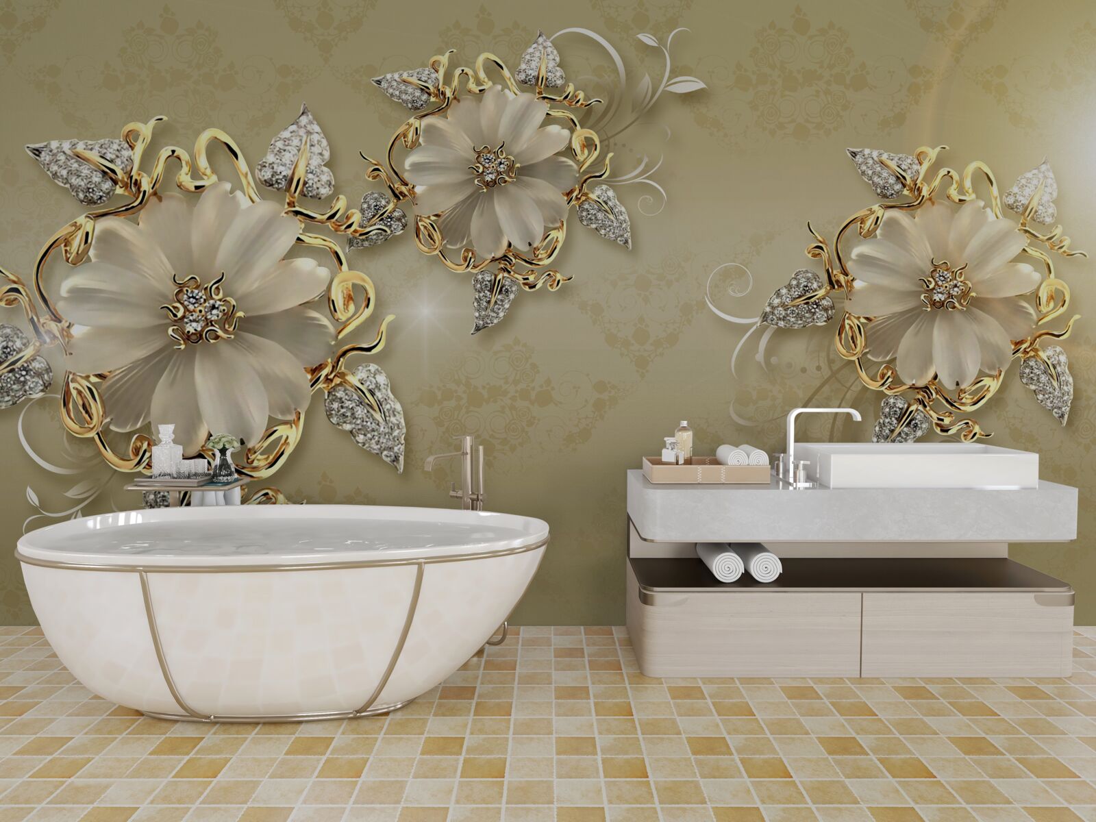 Fotobehang de bloemen zijn sneeuwwit en de twijgen fonkelen van goud en zilver