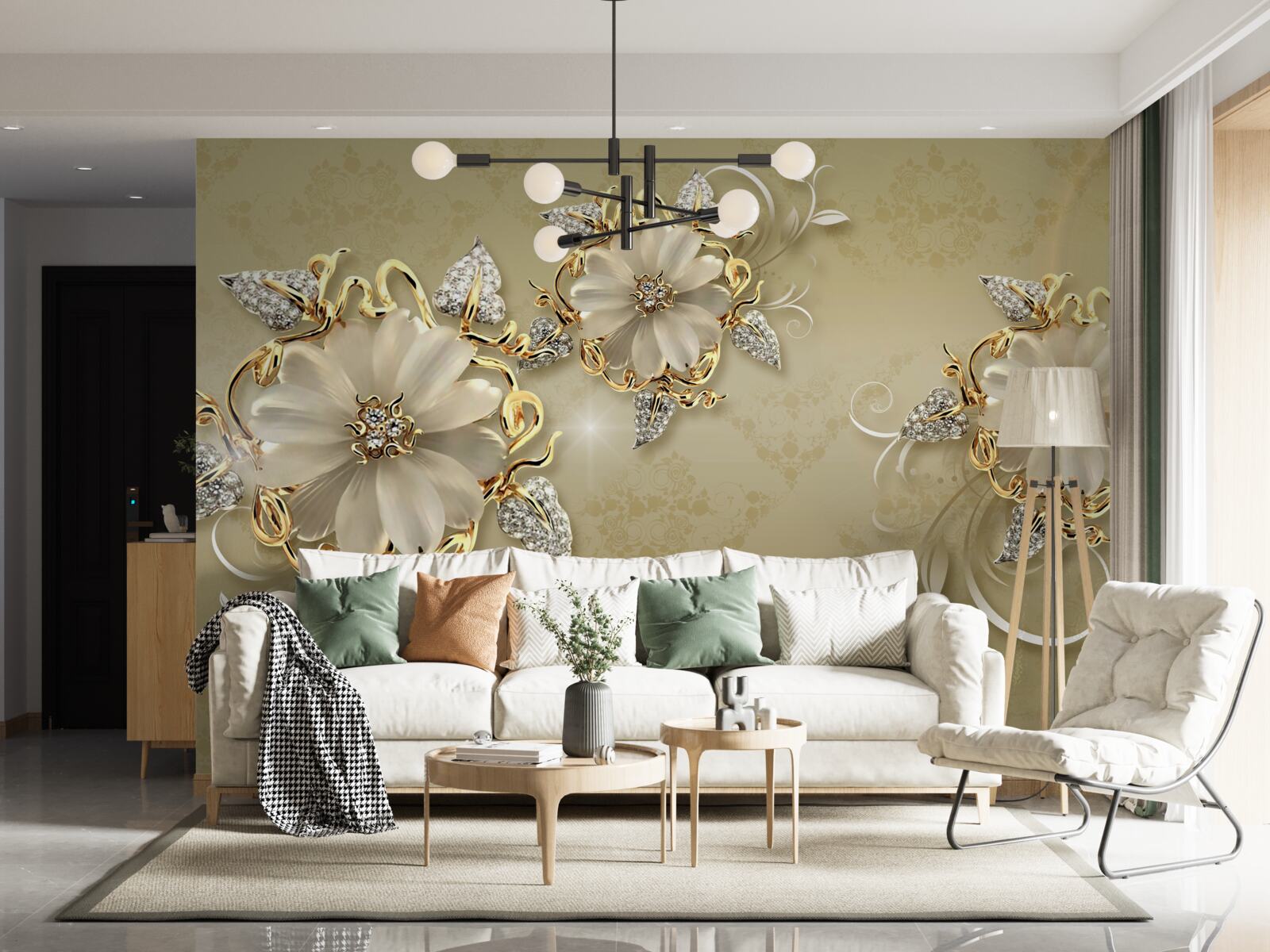 Fotobehang de bloemen zijn sneeuwwit en de twijgen fonkelen van goud en zilver