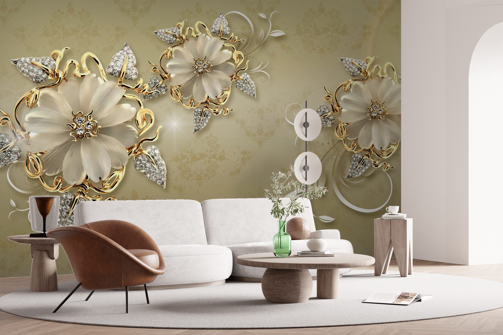 Fotobehang de bloemen zijn sneeuwwit en de twijgen fonkelen van goud en zilver