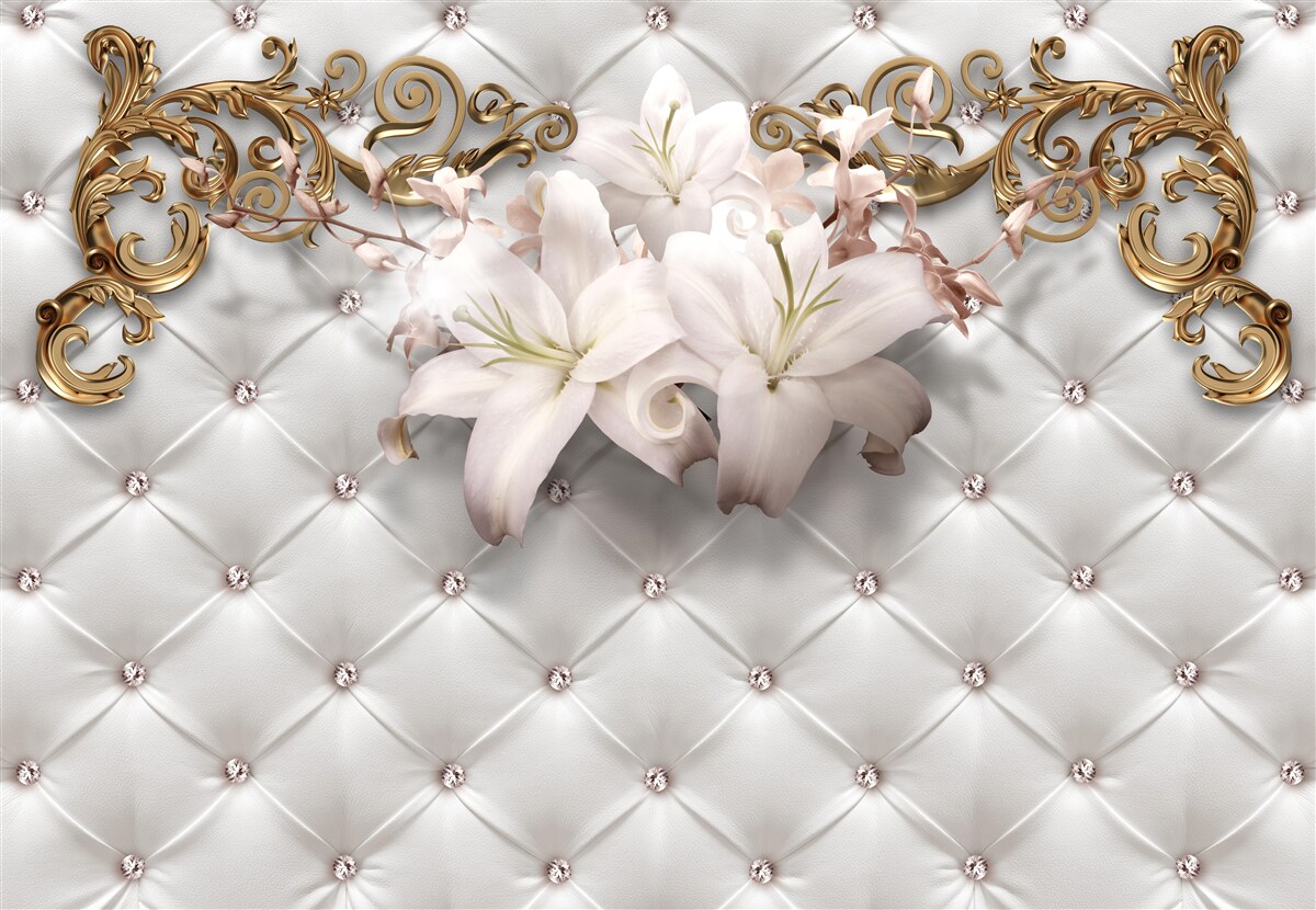 Fotobehang bloemen in witte tinten, versierd met kristallen en goud