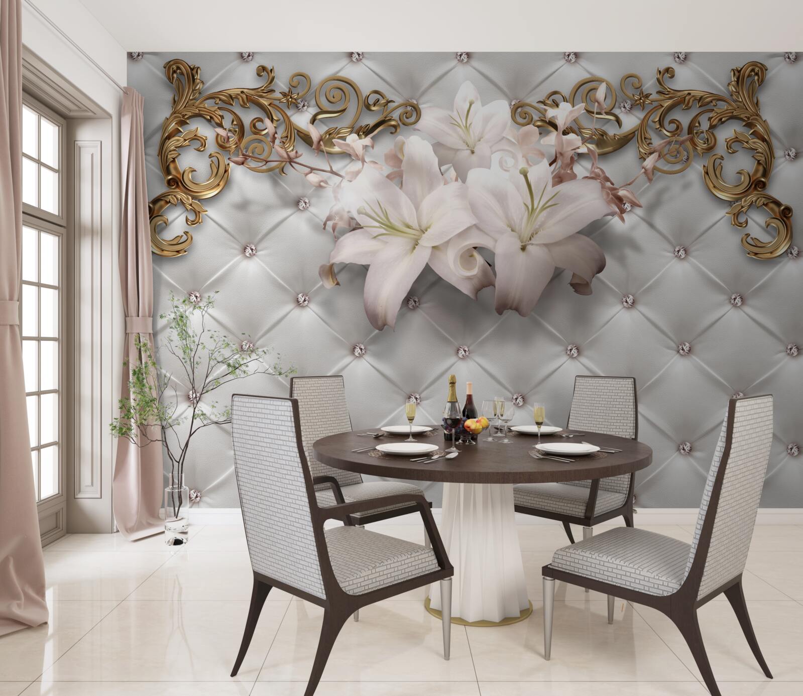 Fotobehang bloemen in witte tinten, versierd met kristallen en goud