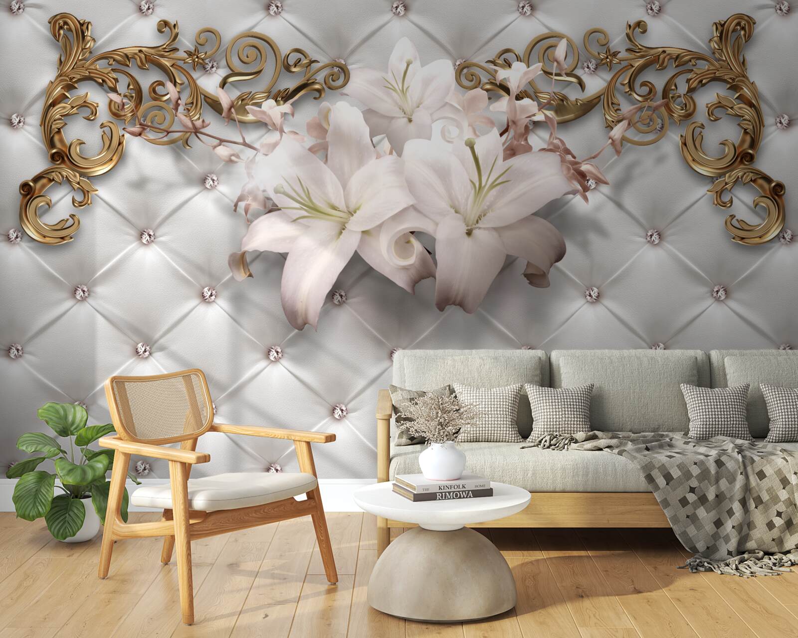 Fotobehang bloemen in witte tinten, versierd met kristallen en goud