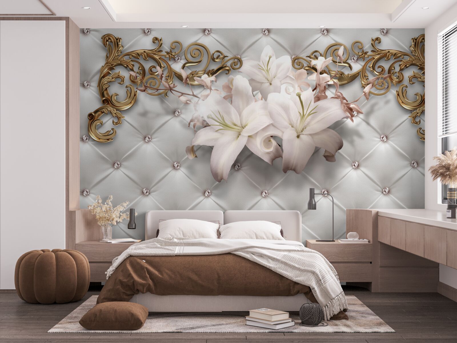 Fotobehang bloemen in witte tinten, versierd met kristallen en goud