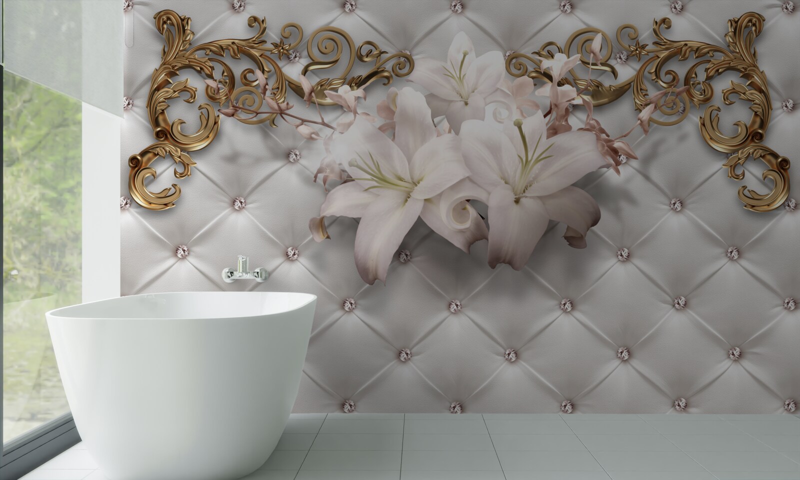 Fotobehang bloemen in witte tinten, versierd met kristallen en goud