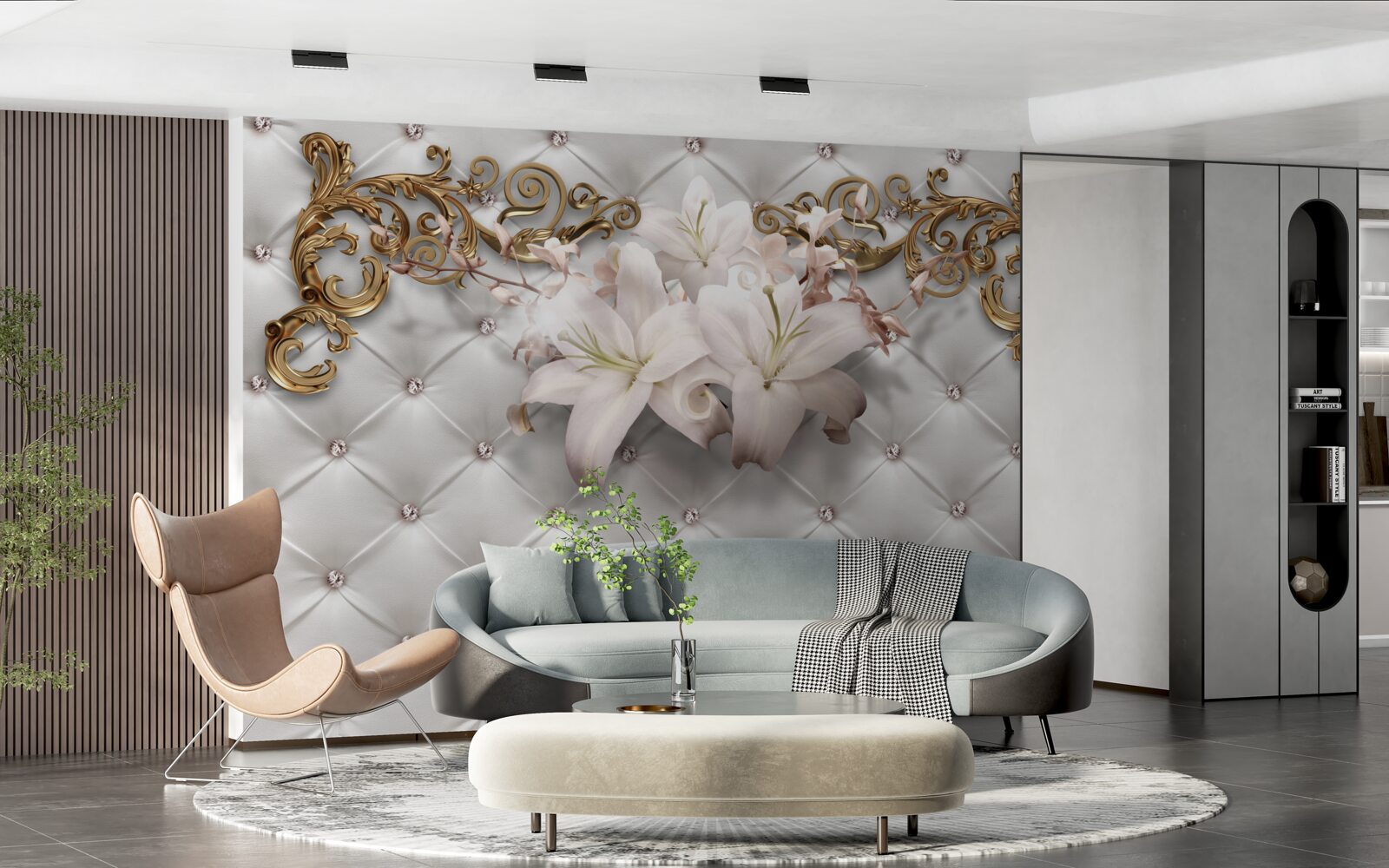 Fotobehang bloemen in witte tinten, versierd met kristallen en goud