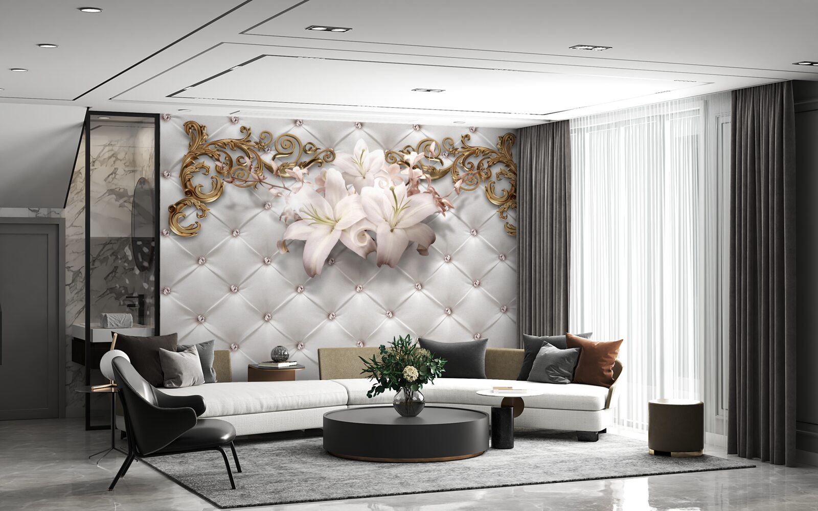 Fotobehang bloemen in witte tinten, versierd met kristallen en goud