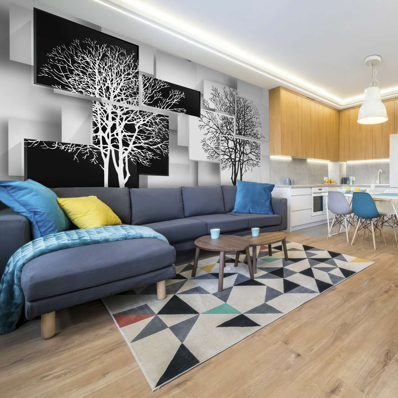 Fotobehang bomen zijn zwart en wit tegen een achtergrond van rechthoeken