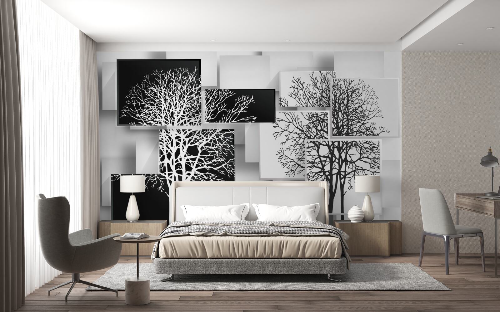 Fotobehang bomen zijn zwart en wit tegen een achtergrond van rechthoeken