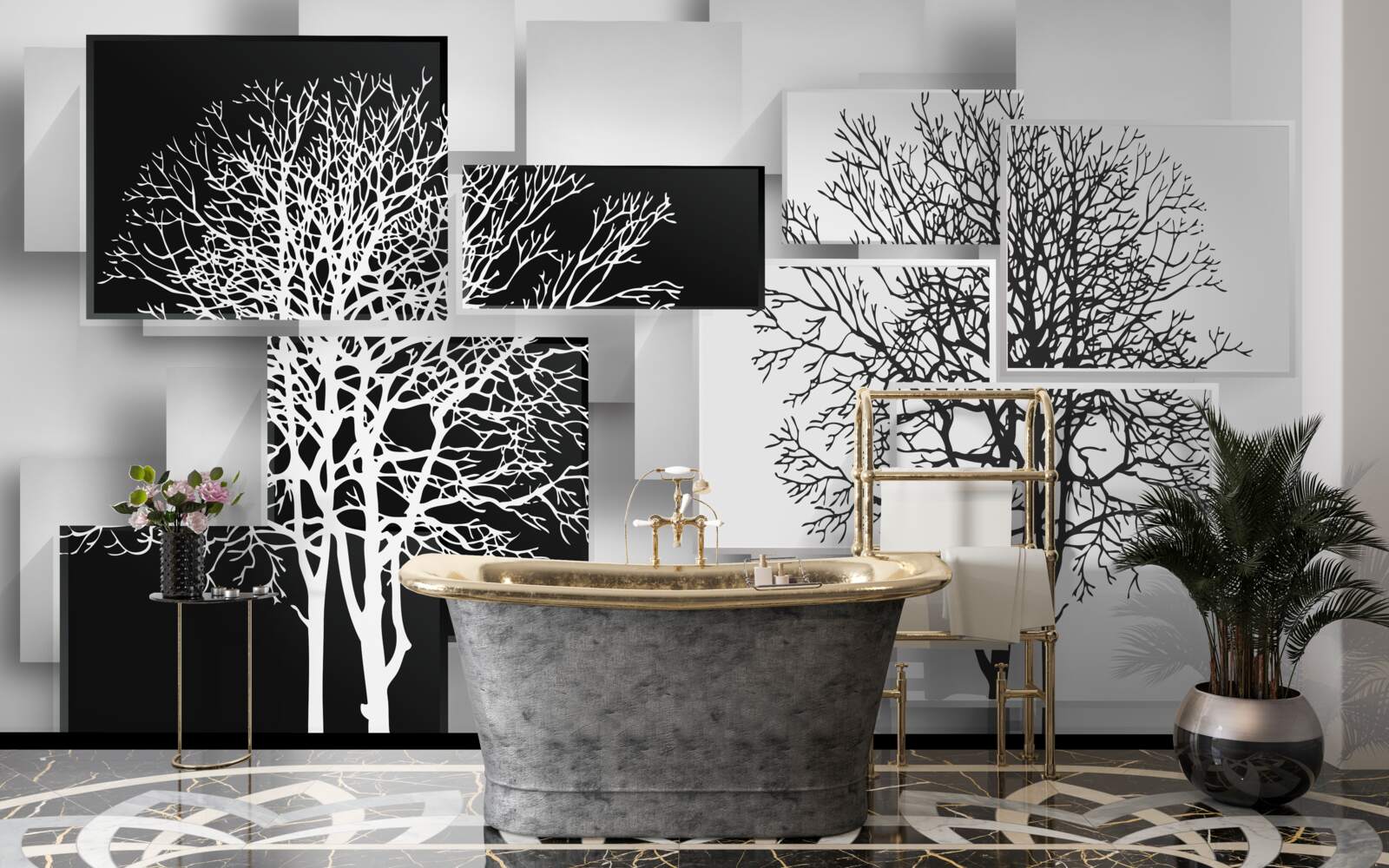 Fotobehang bomen zijn zwart en wit tegen een achtergrond van rechthoeken