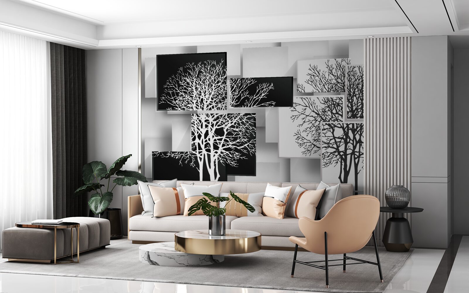 Fotobehang bomen zijn zwart en wit tegen een achtergrond van rechthoeken