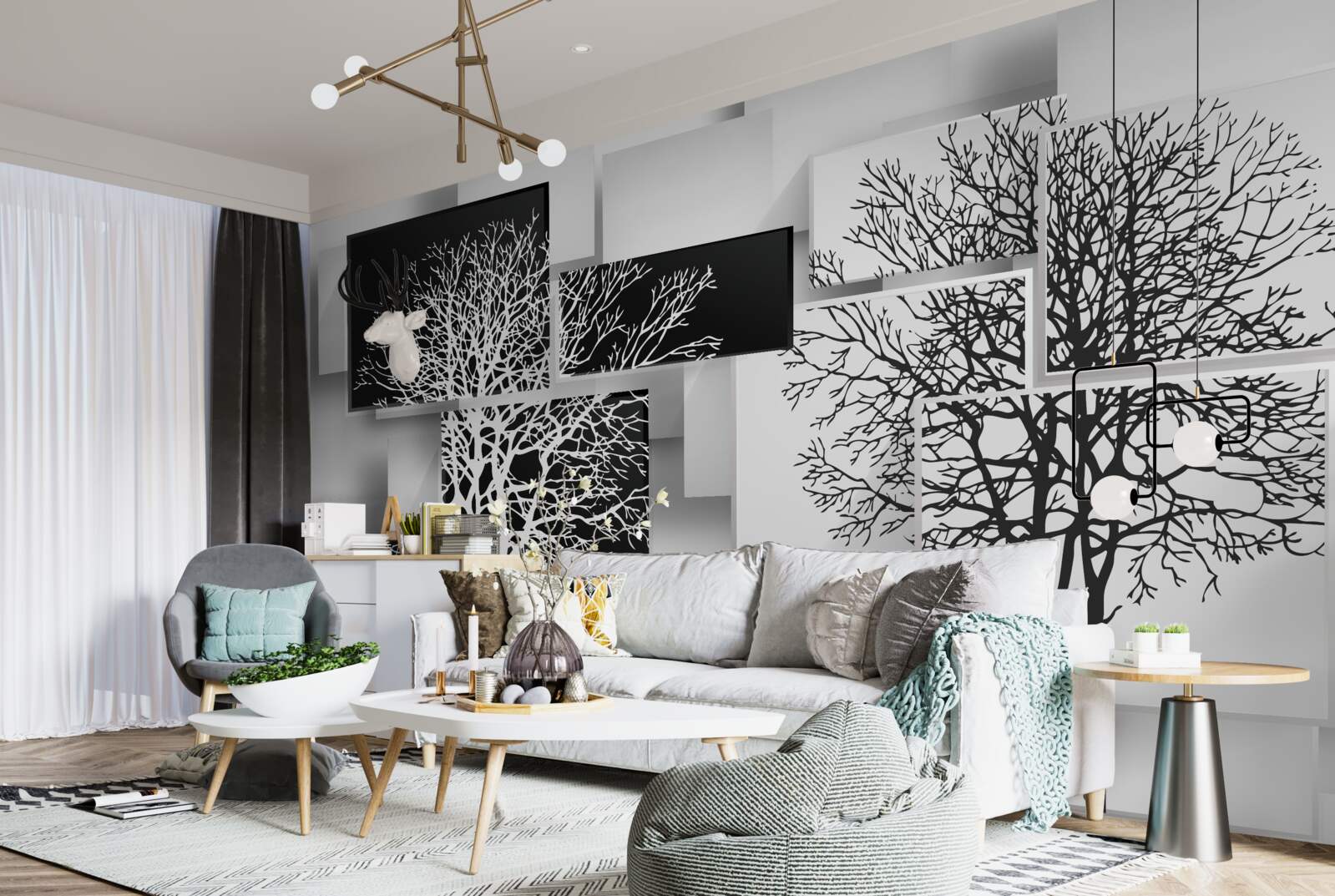 Fotobehang bomen zijn zwart en wit tegen een achtergrond van rechthoeken