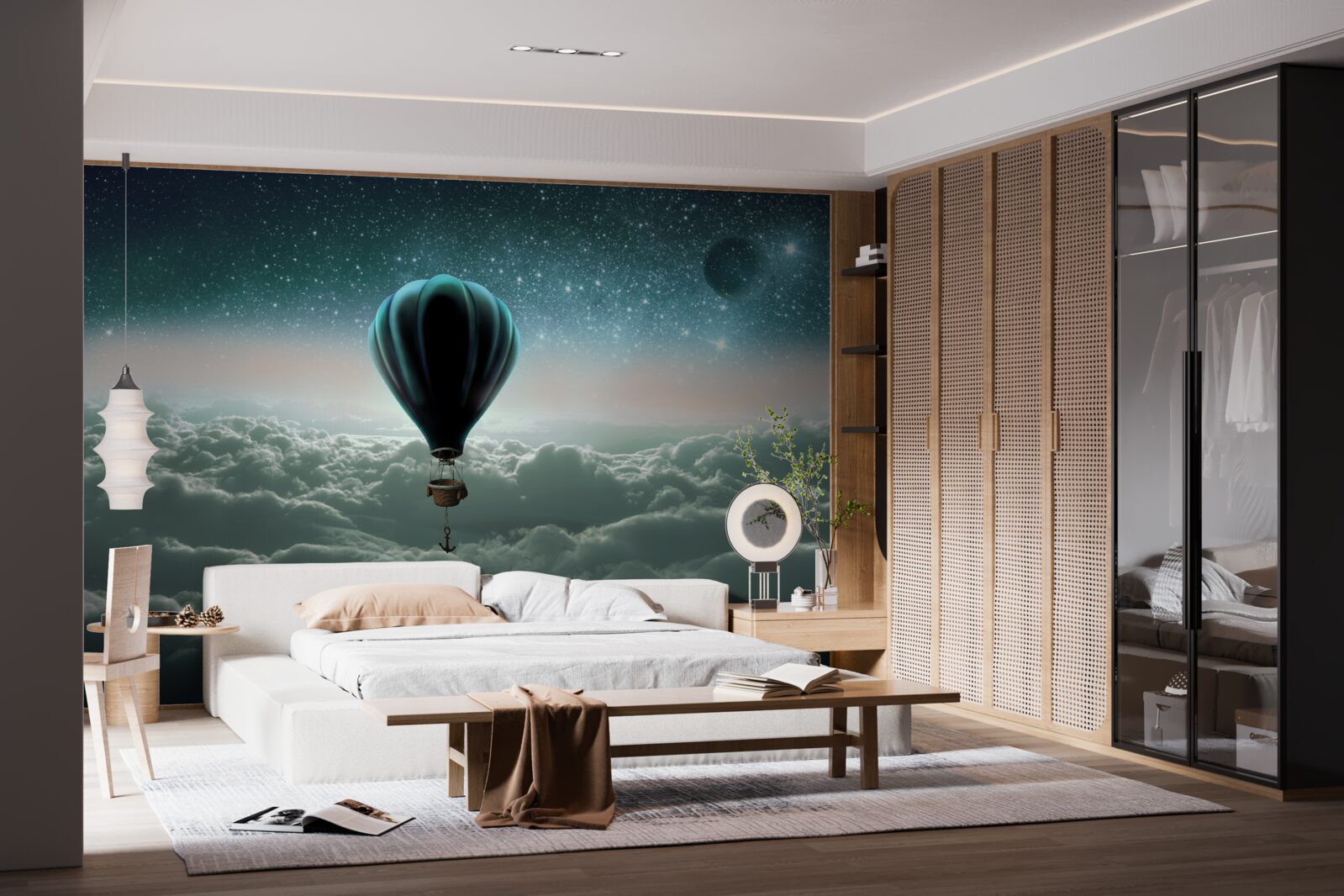 Fotobehang nachtelijke heteluchtballon zwevend boven de wolken