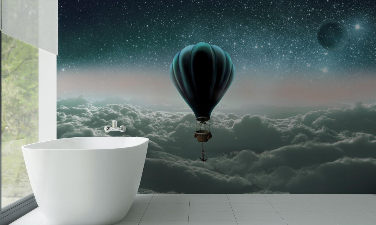 Fotobehang nachtelijke heteluchtballon zwevend boven de wolken