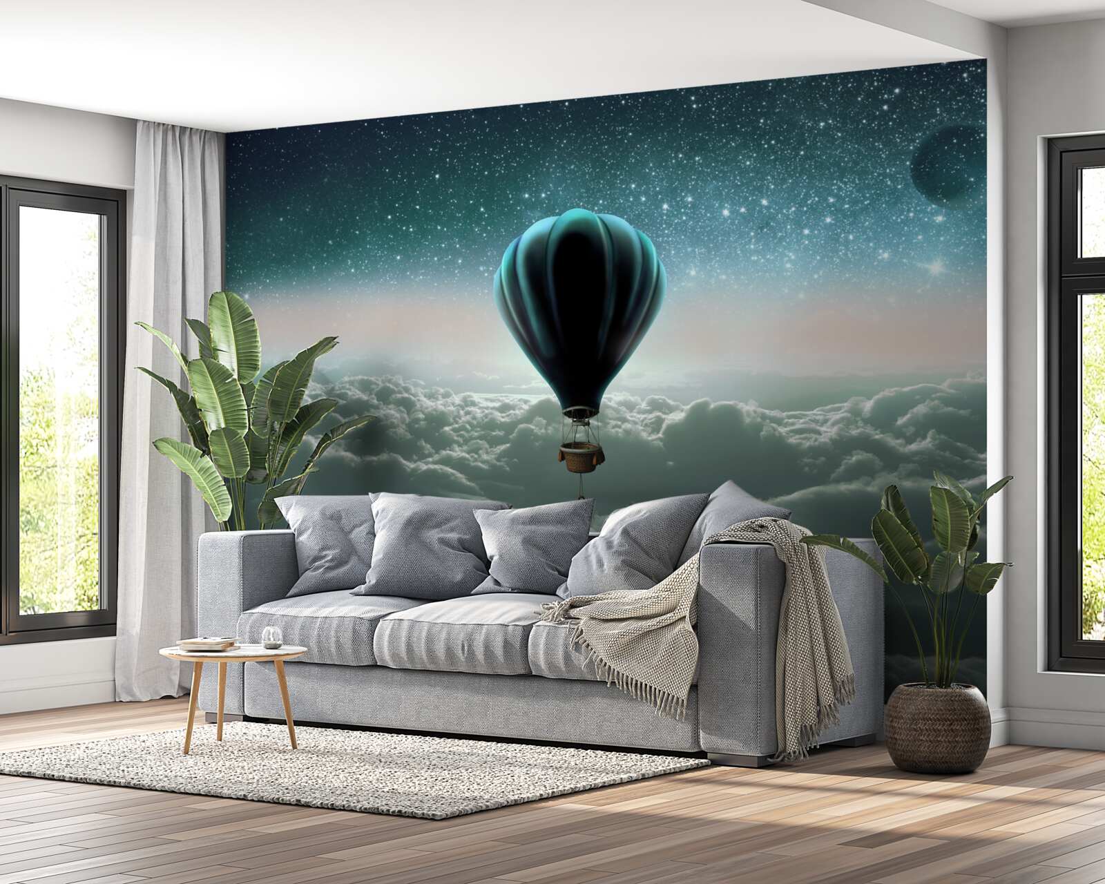 Fotobehang nachtelijke heteluchtballon zwevend boven de wolken