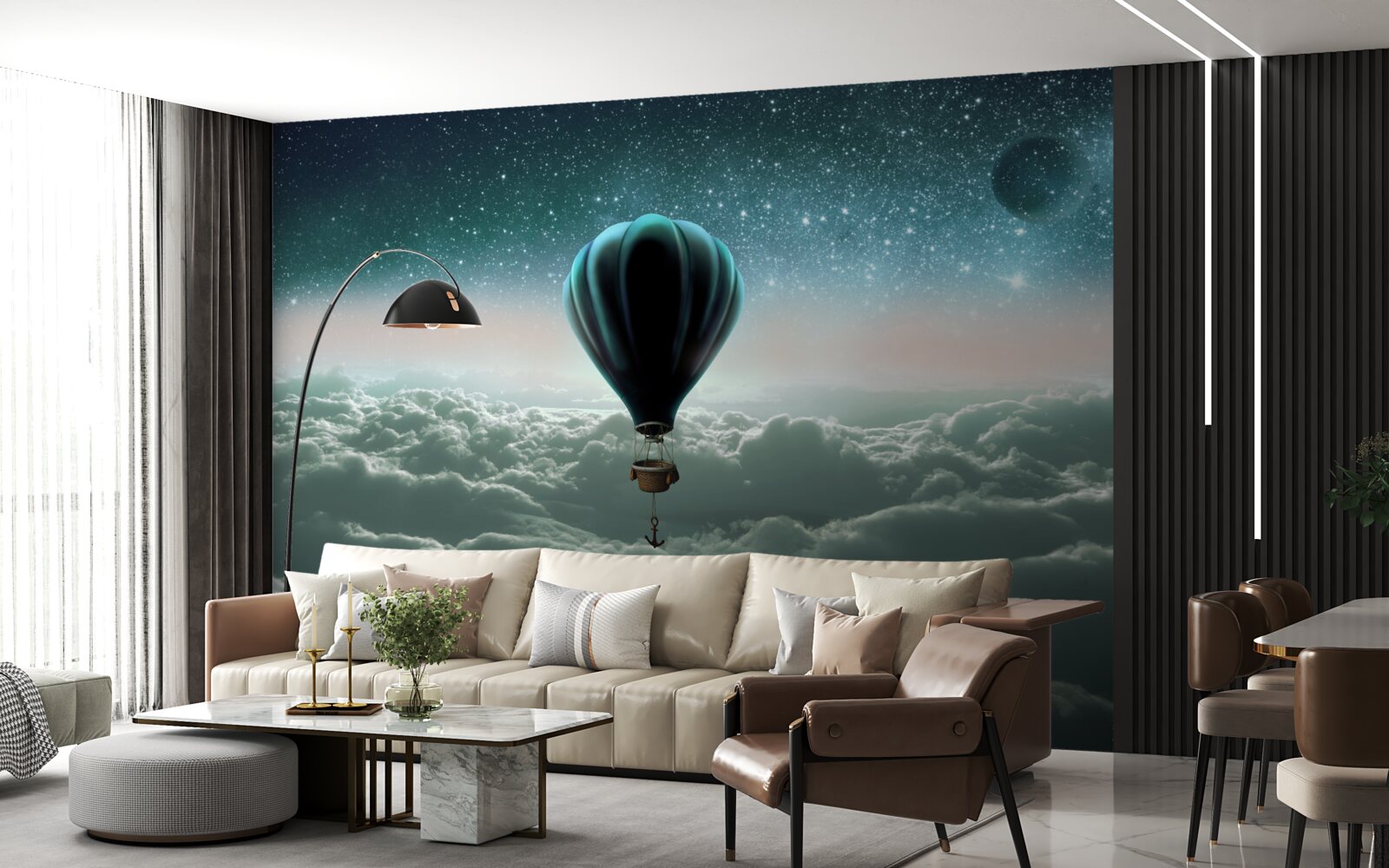 Fotobehang nachtelijke heteluchtballon zwevend boven de wolken