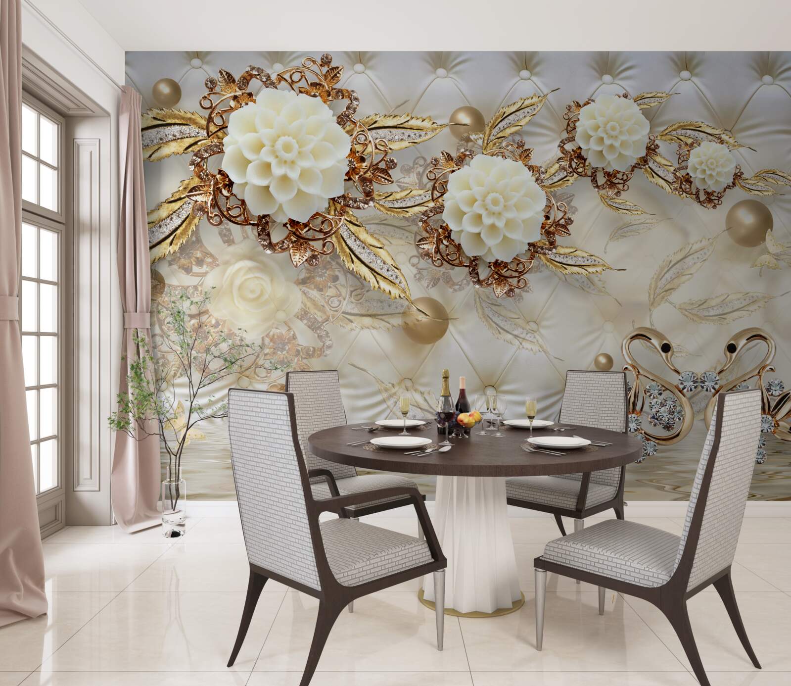 Fotobehang gouden zwanen en lichte knoppen op glanzend goud