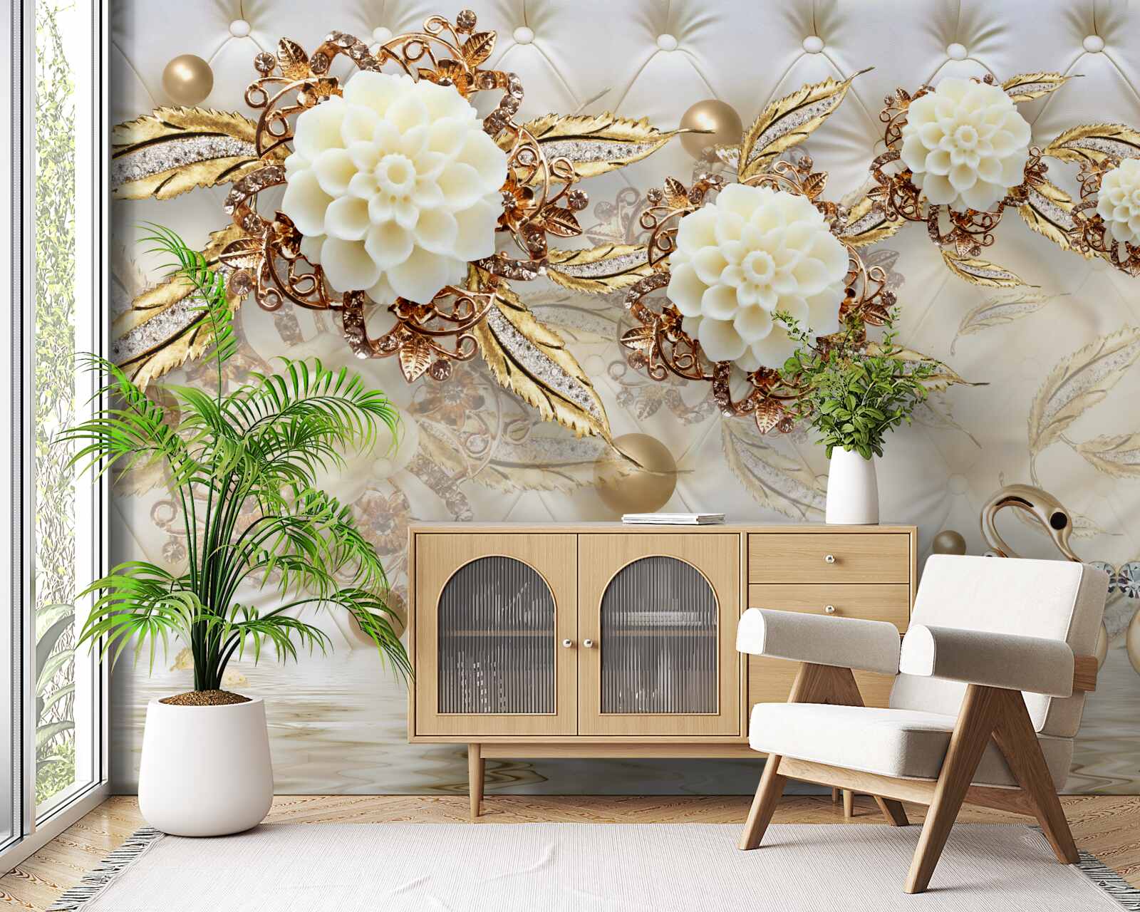 Fotobehang gouden zwanen en lichte knoppen op glanzend goud