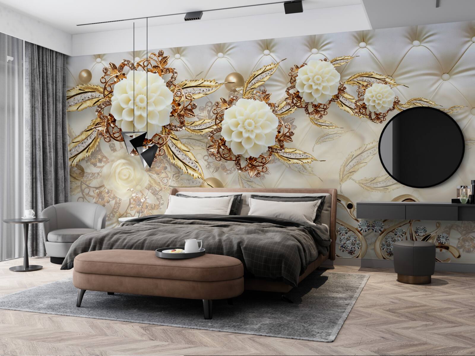 Fotobehang gouden zwanen en lichte knoppen op glanzend goud