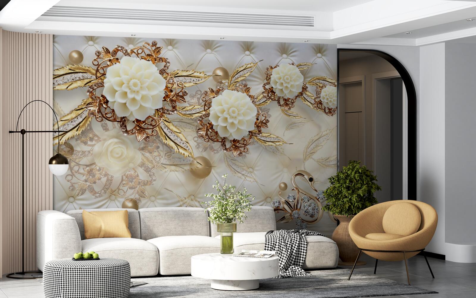 Fotobehang gouden zwanen en lichte knoppen op glanzend goud