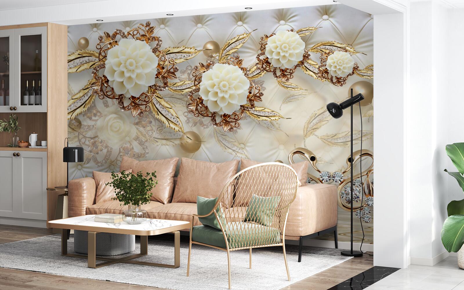 Fotobehang gouden zwanen en lichte knoppen op glanzend goud