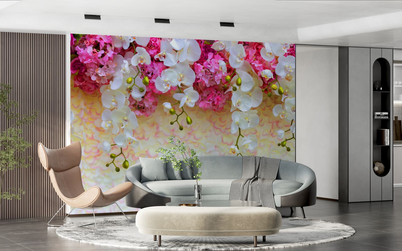 Fotobehang Orchideeën zijn wit met roze tinten, hangend