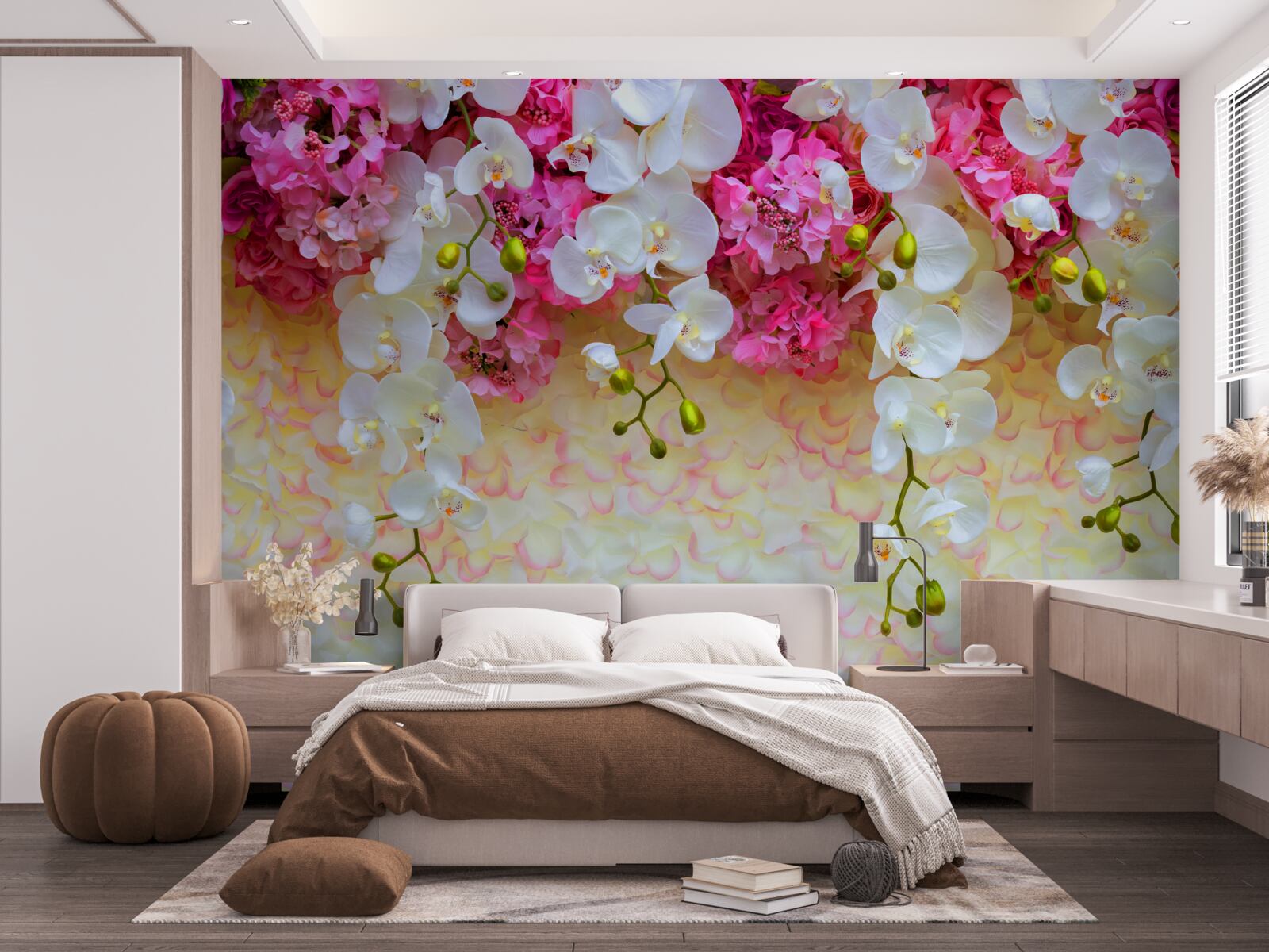 Fotobehang Orchideeën zijn wit met roze tinten, hangend