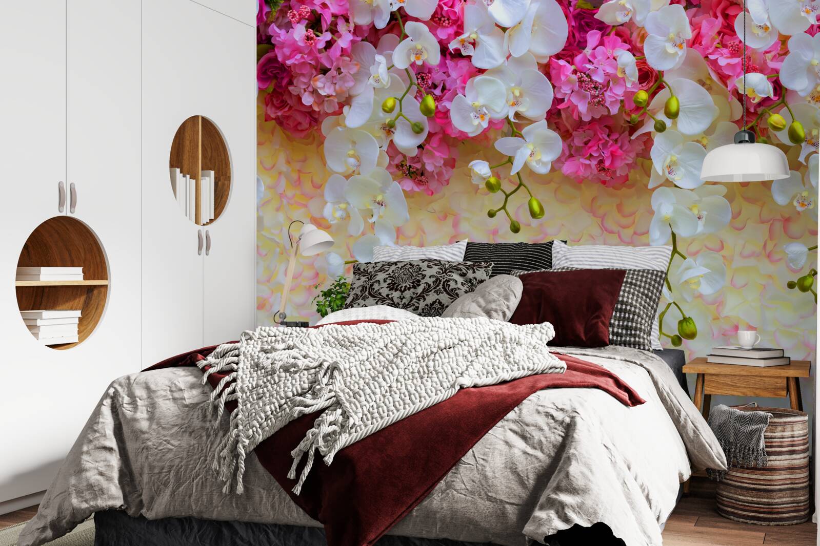 Fotobehang Orchideeën zijn wit met roze tinten, hangend