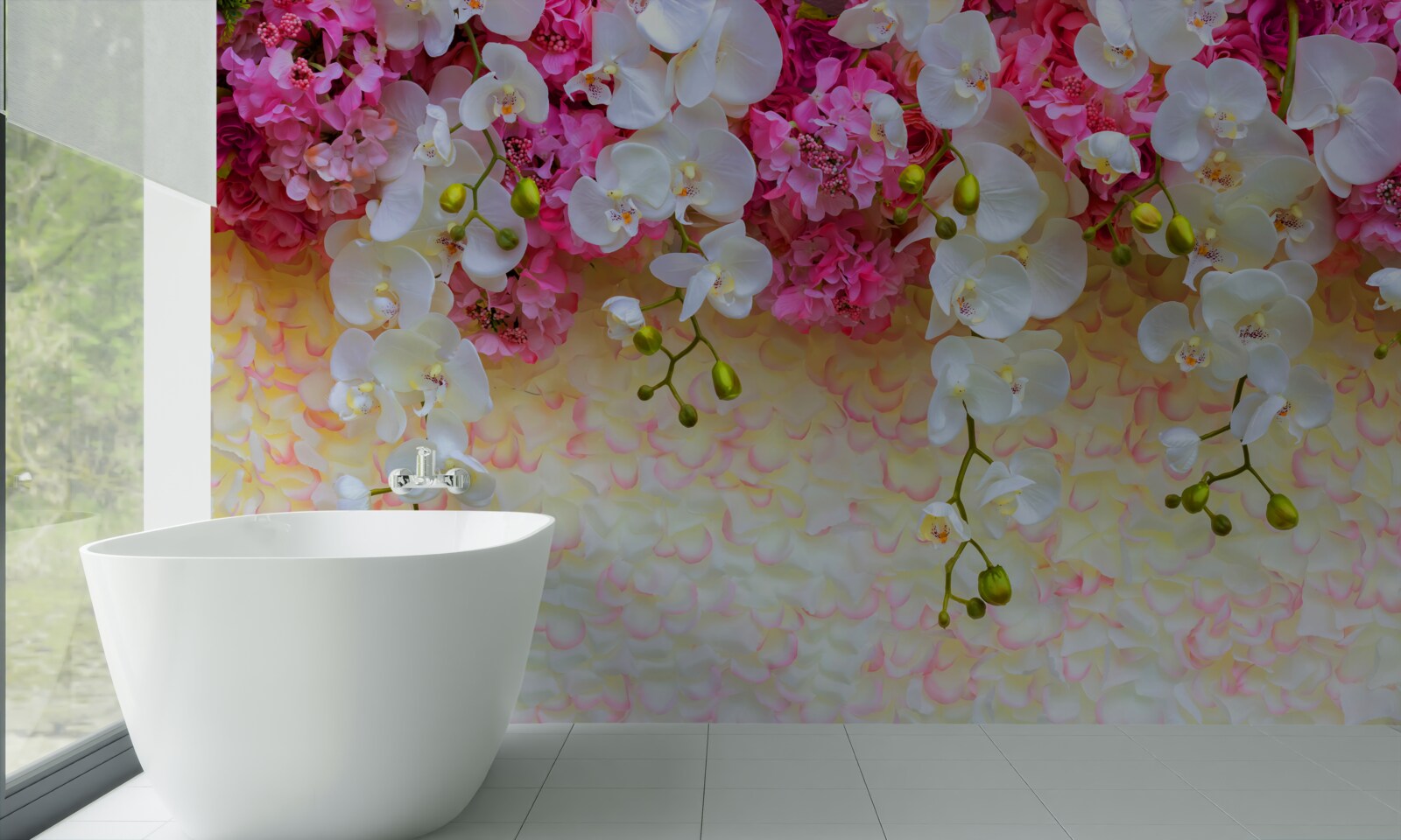 Fotobehang Orchideeën zijn wit met roze tinten, hangend