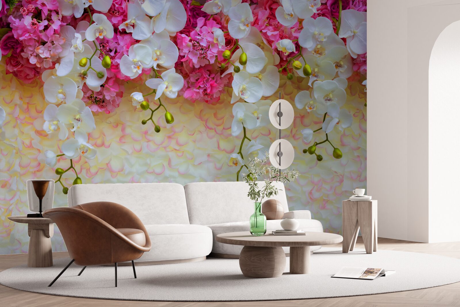Fotobehang Orchideeën zijn wit met roze tinten, hangend