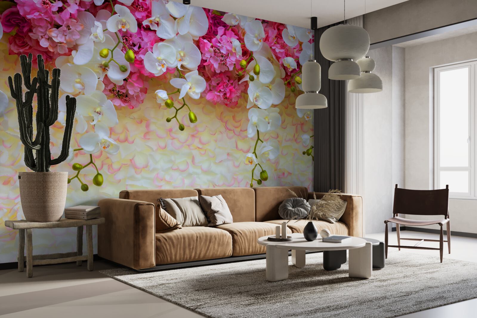 Fotobehang Orchideeën zijn wit met roze tinten, hangend
